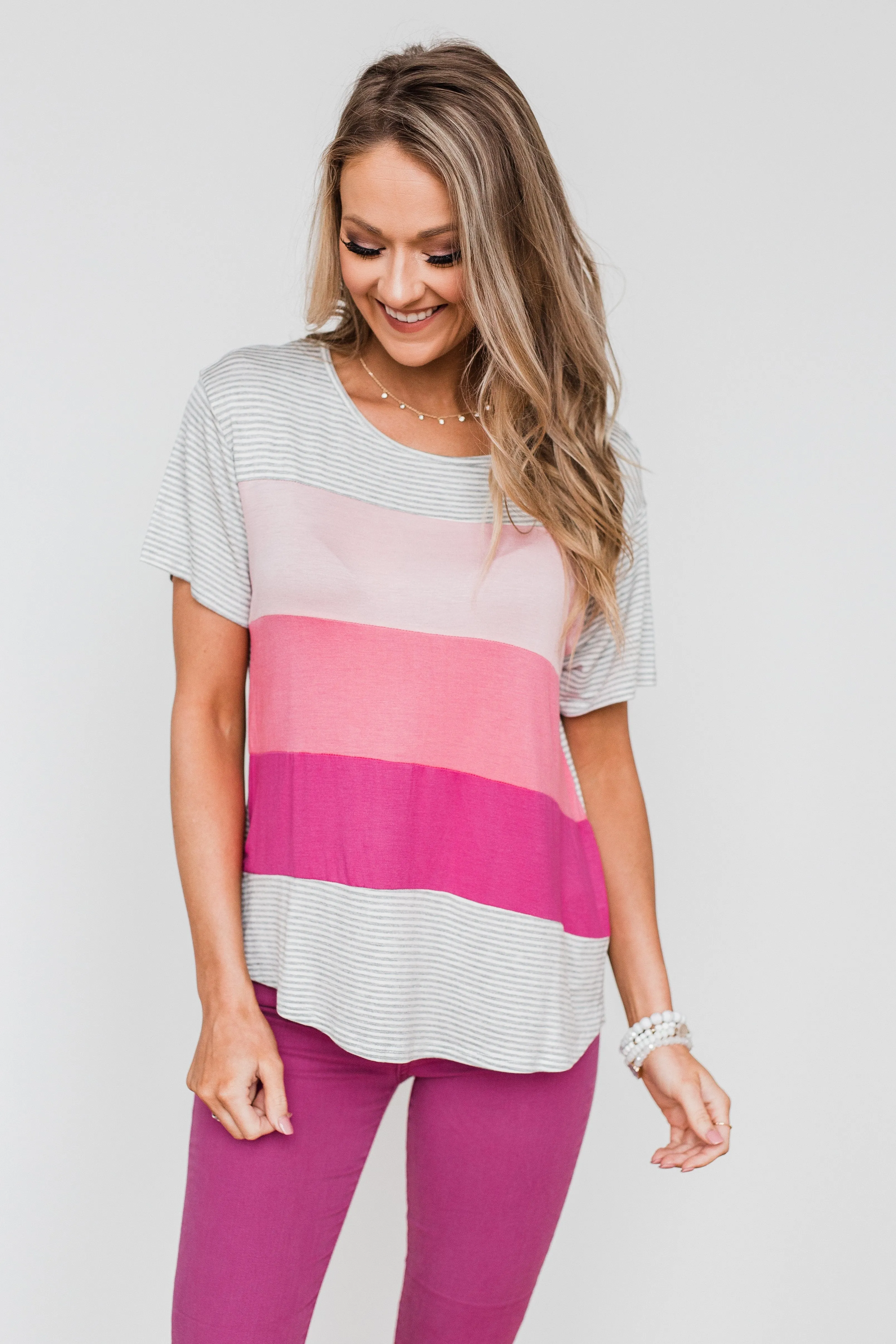 One Day At A Time Striped Color Block Top- Shades of Pink