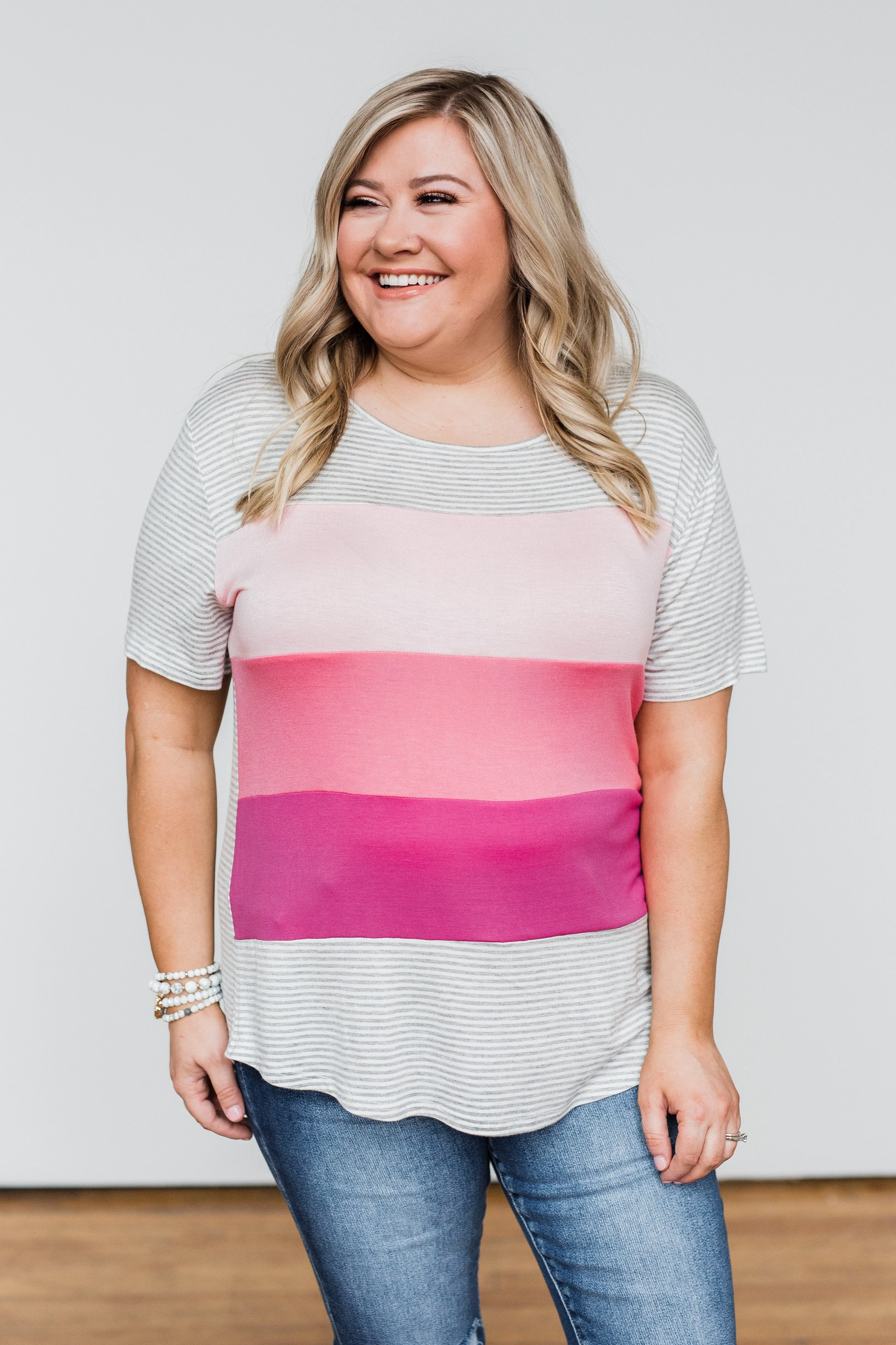 One Day At A Time Striped Color Block Top- Shades of Pink