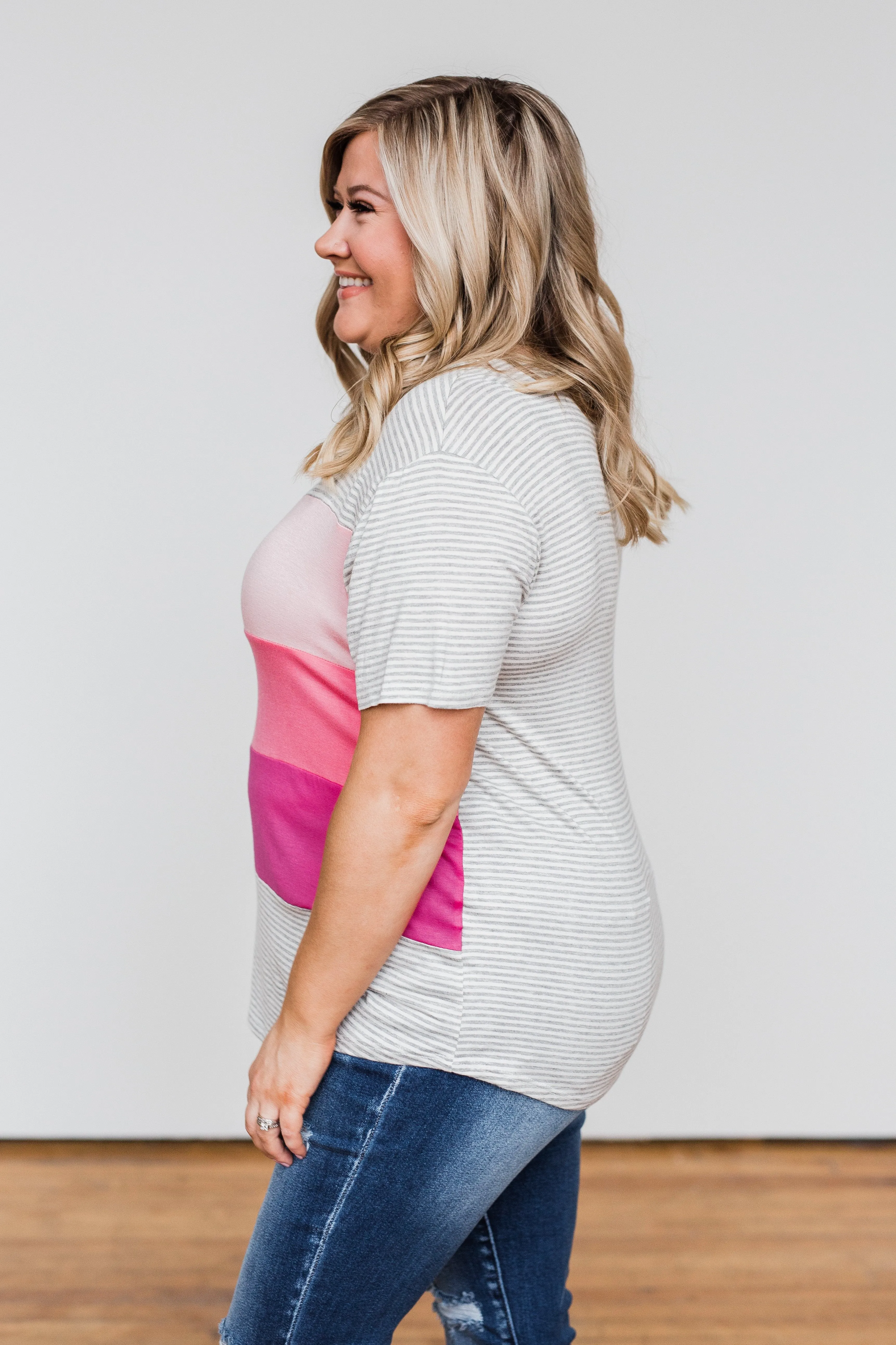One Day At A Time Striped Color Block Top- Shades of Pink