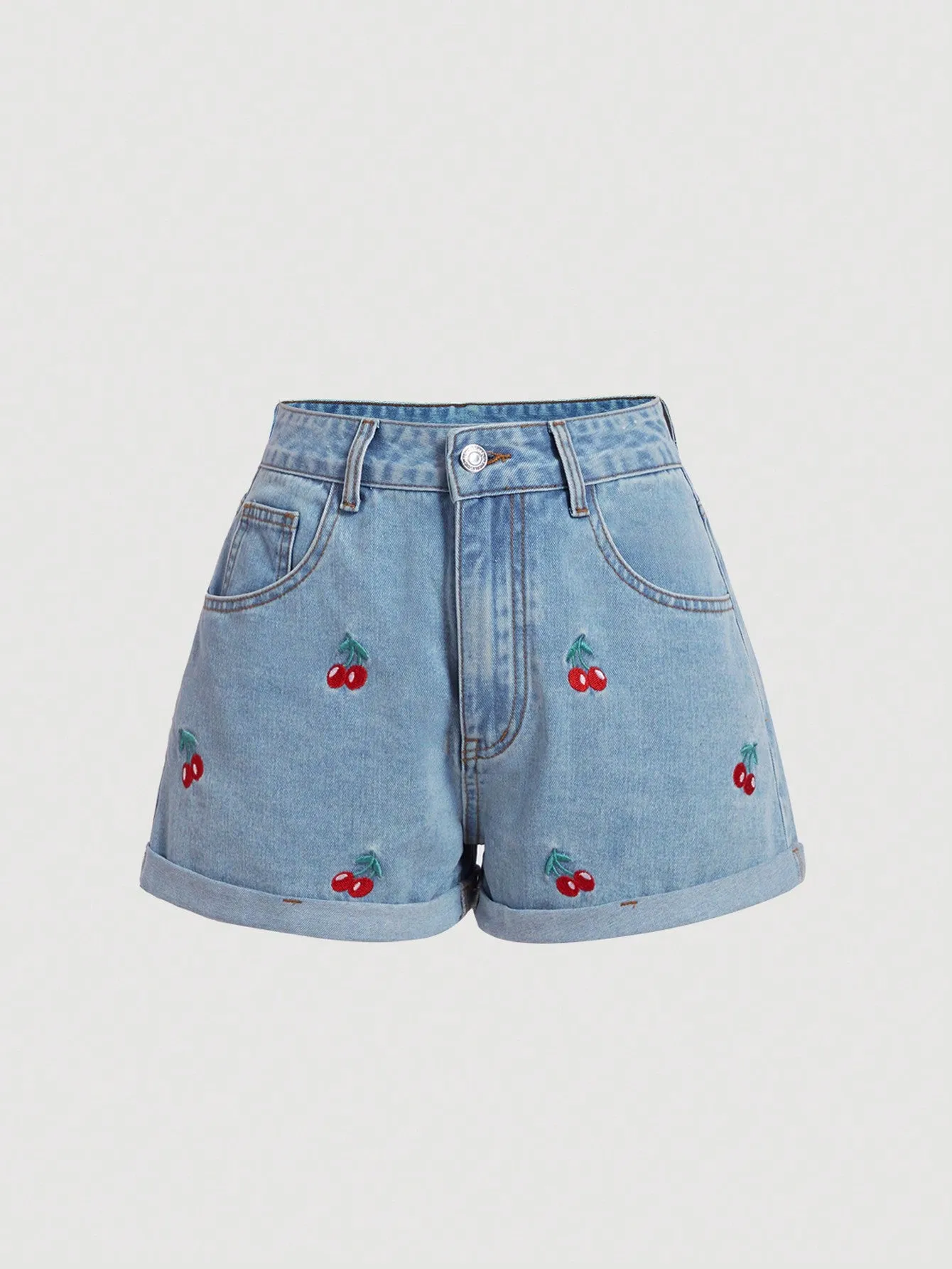Pantalones cortos de mezclilla con bordado de cerezas
