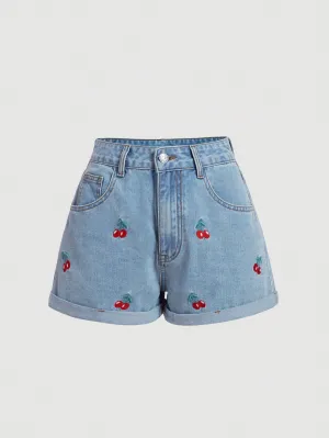 Pantalones cortos de mezclilla con bordado de cerezas