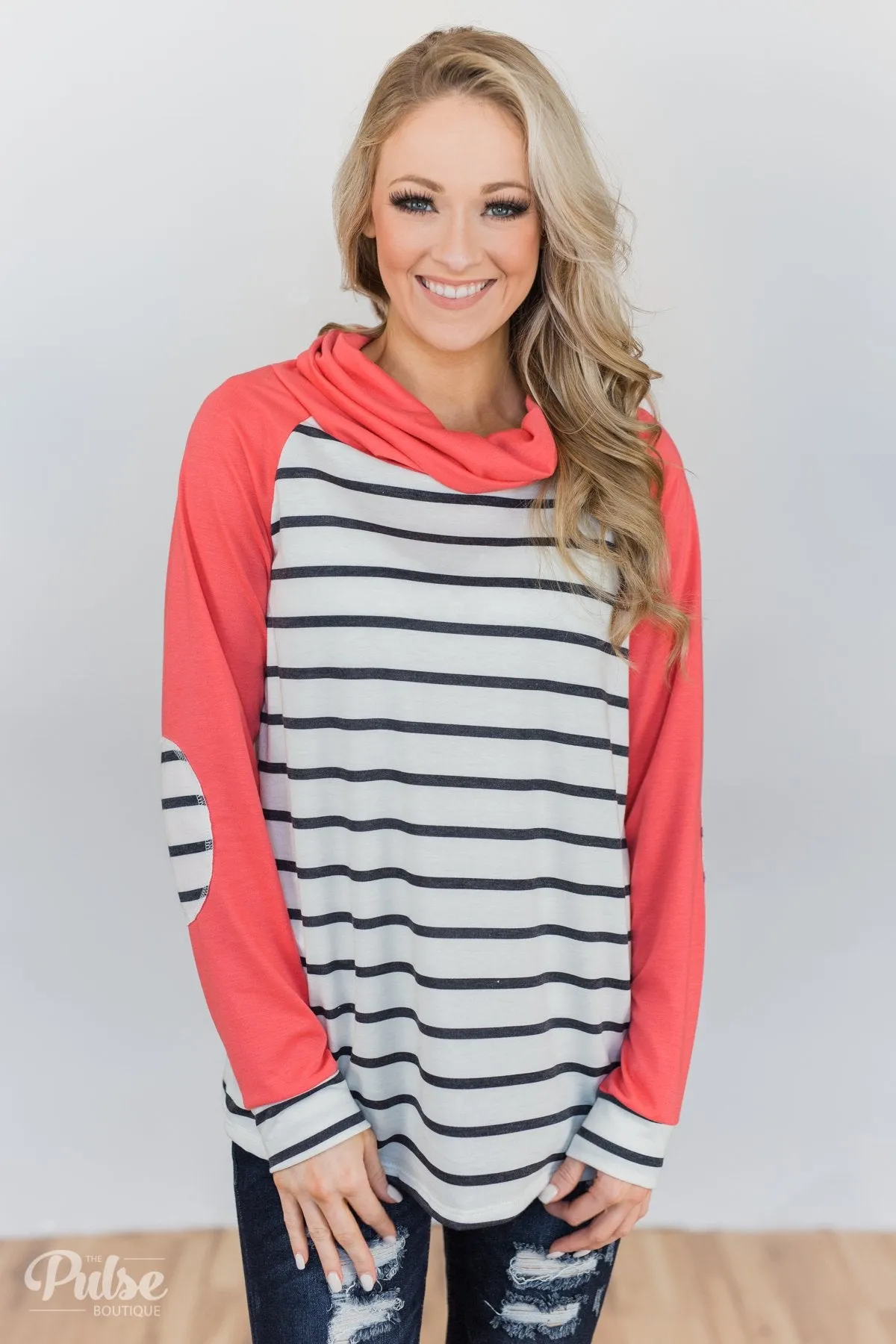 Perfect Match Striped Elbow Patch Cowl Neck- Coral