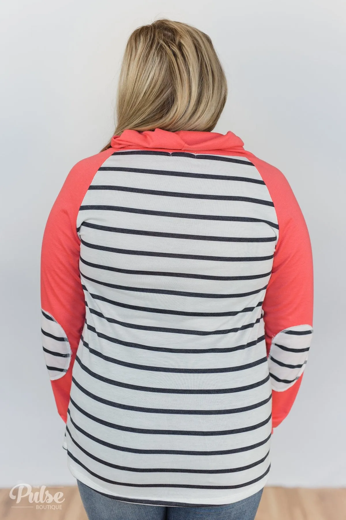 Perfect Match Striped Elbow Patch Cowl Neck- Coral