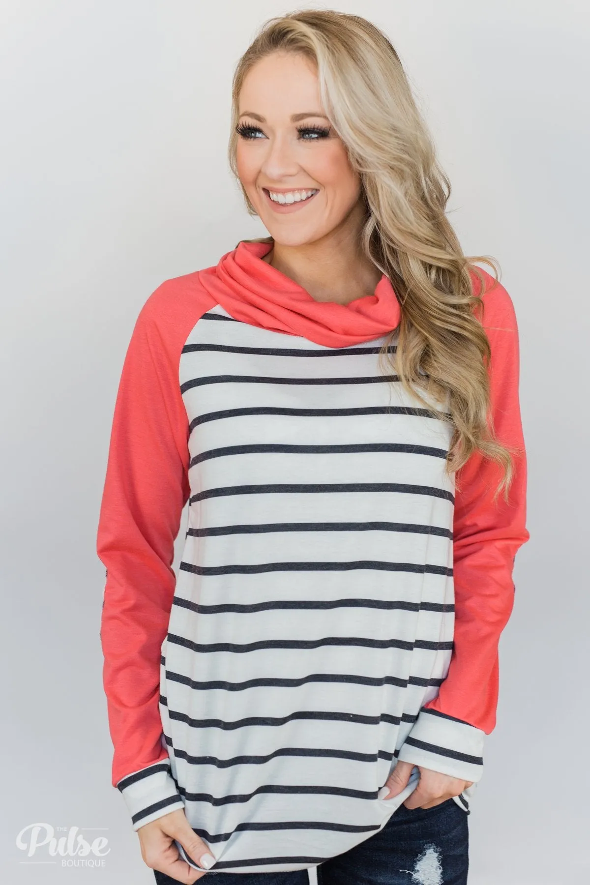 Perfect Match Striped Elbow Patch Cowl Neck- Coral