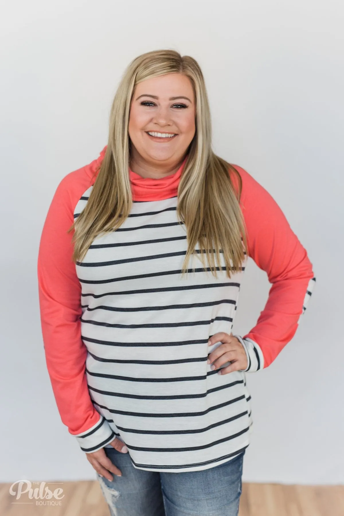 Perfect Match Striped Elbow Patch Cowl Neck- Coral