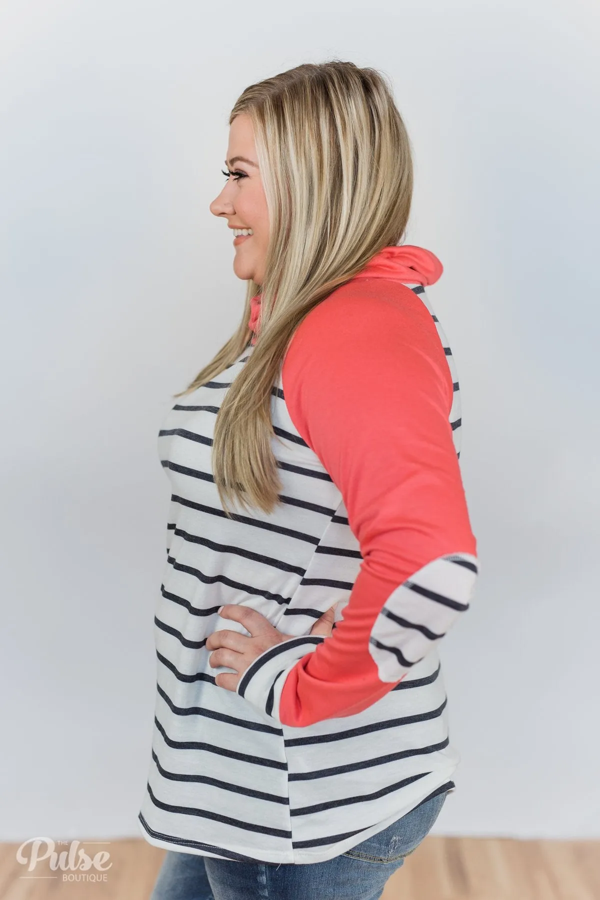 Perfect Match Striped Elbow Patch Cowl Neck- Coral