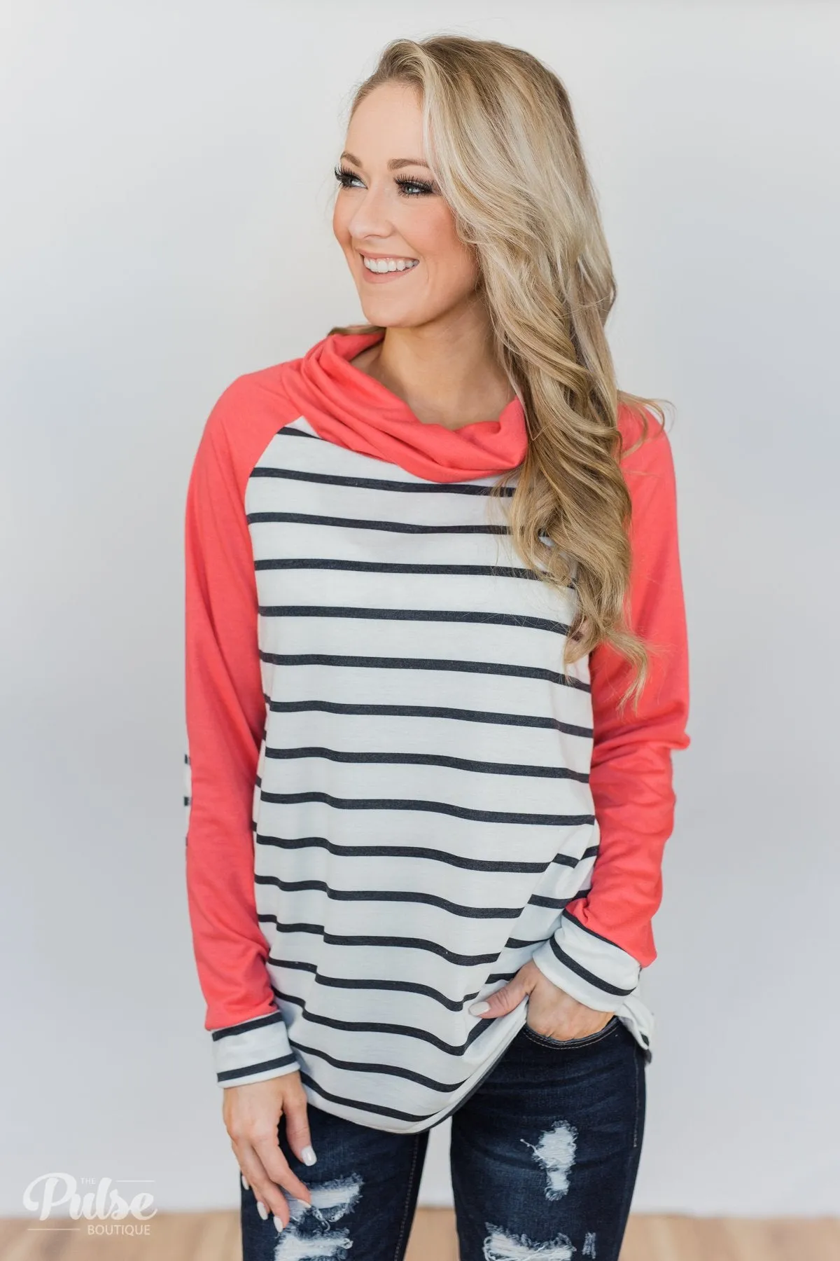Perfect Match Striped Elbow Patch Cowl Neck- Coral