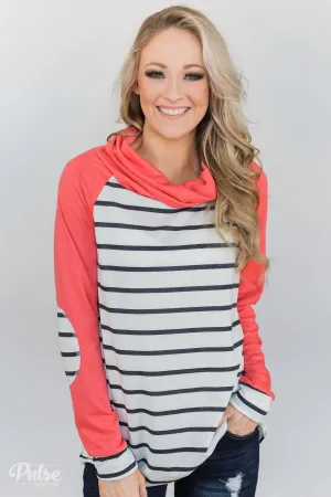 Perfect Match Striped Elbow Patch Cowl Neck- Coral
