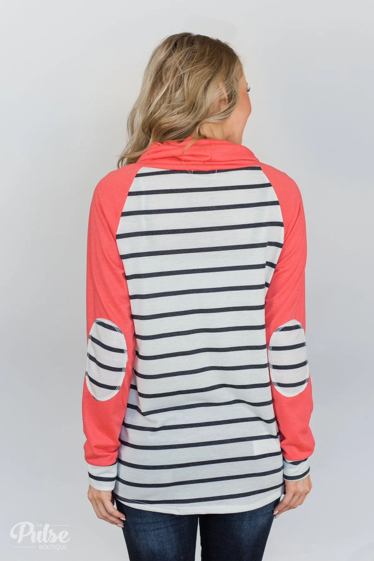Perfect Match Striped Elbow Patch Cowl Neck- Coral