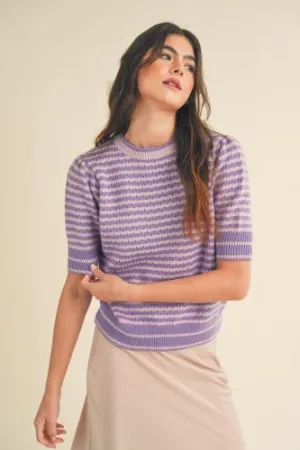 Pink Lavender Striped Pointelle Short Sleeve Sweater