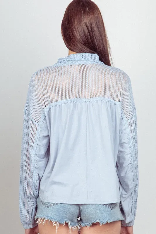 PLUS SIZE Mesh Sleeve Henley Knit Top