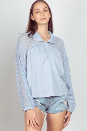 PLUS SIZE Mesh Sleeve Henley Knit Top