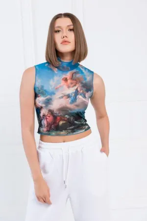 Printed Mesh Angel Cropped Top - Blue/Green -
