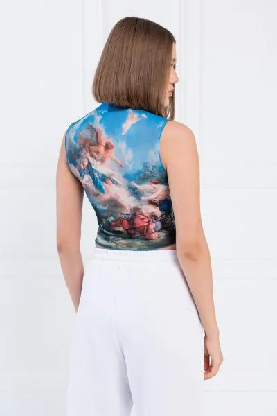 Printed Mesh Angel Cropped Top - Blue/Green -