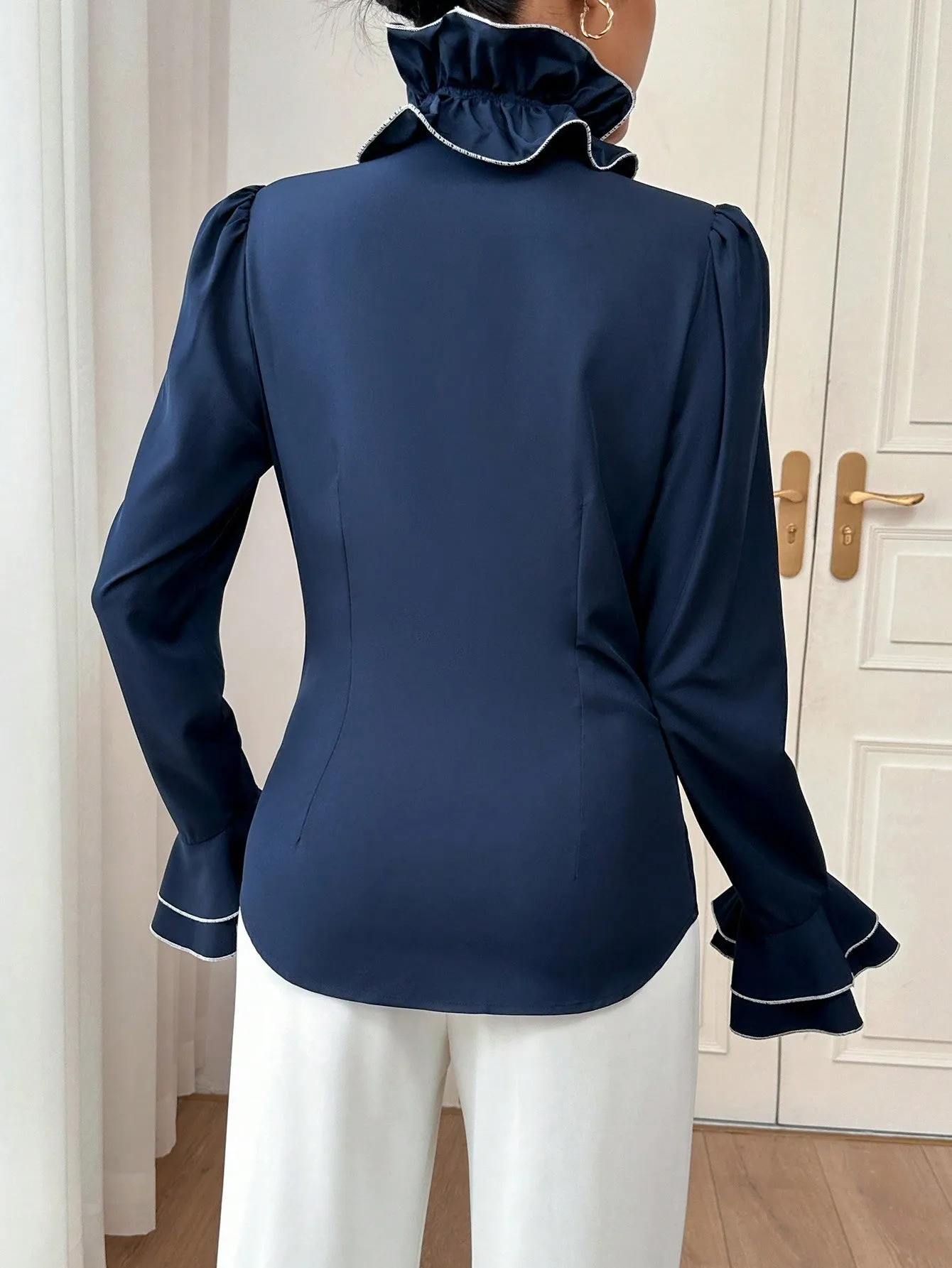 Privé Contrast Ruffle Trim Flounce Sleeve Tie Front Shirt