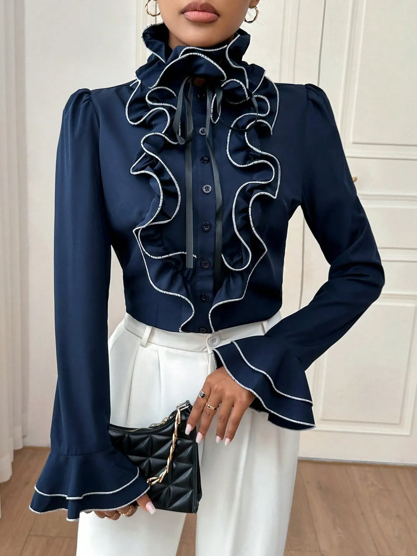 Privé Contrast Ruffle Trim Flounce Sleeve Tie Front Shirt