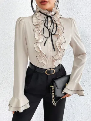 Privé Contrast Ruffle Trim Flounce Sleeve Tie Front Shirt