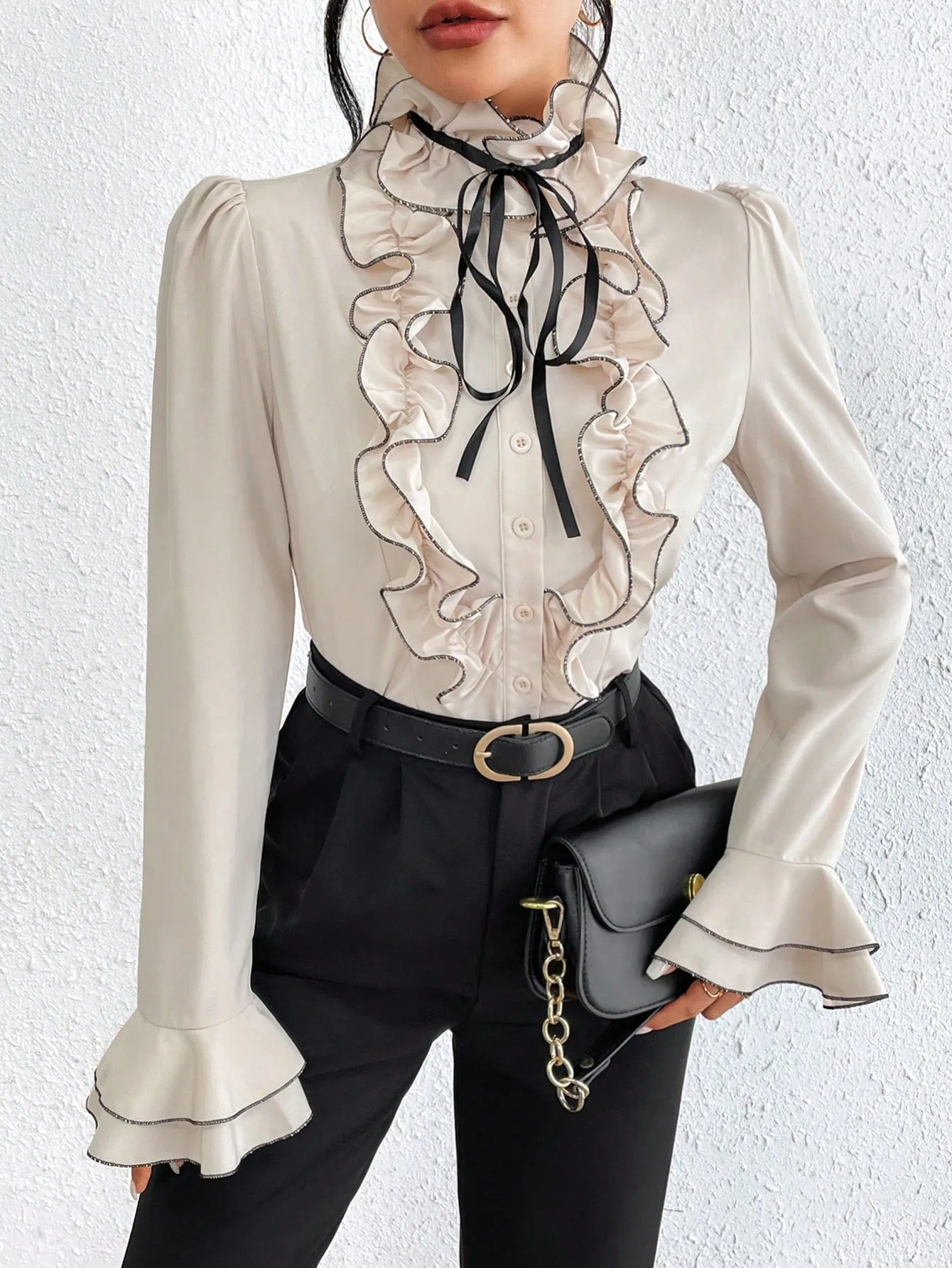 Privé Contrast Ruffle Trim Flounce Sleeve Tie Front Shirt