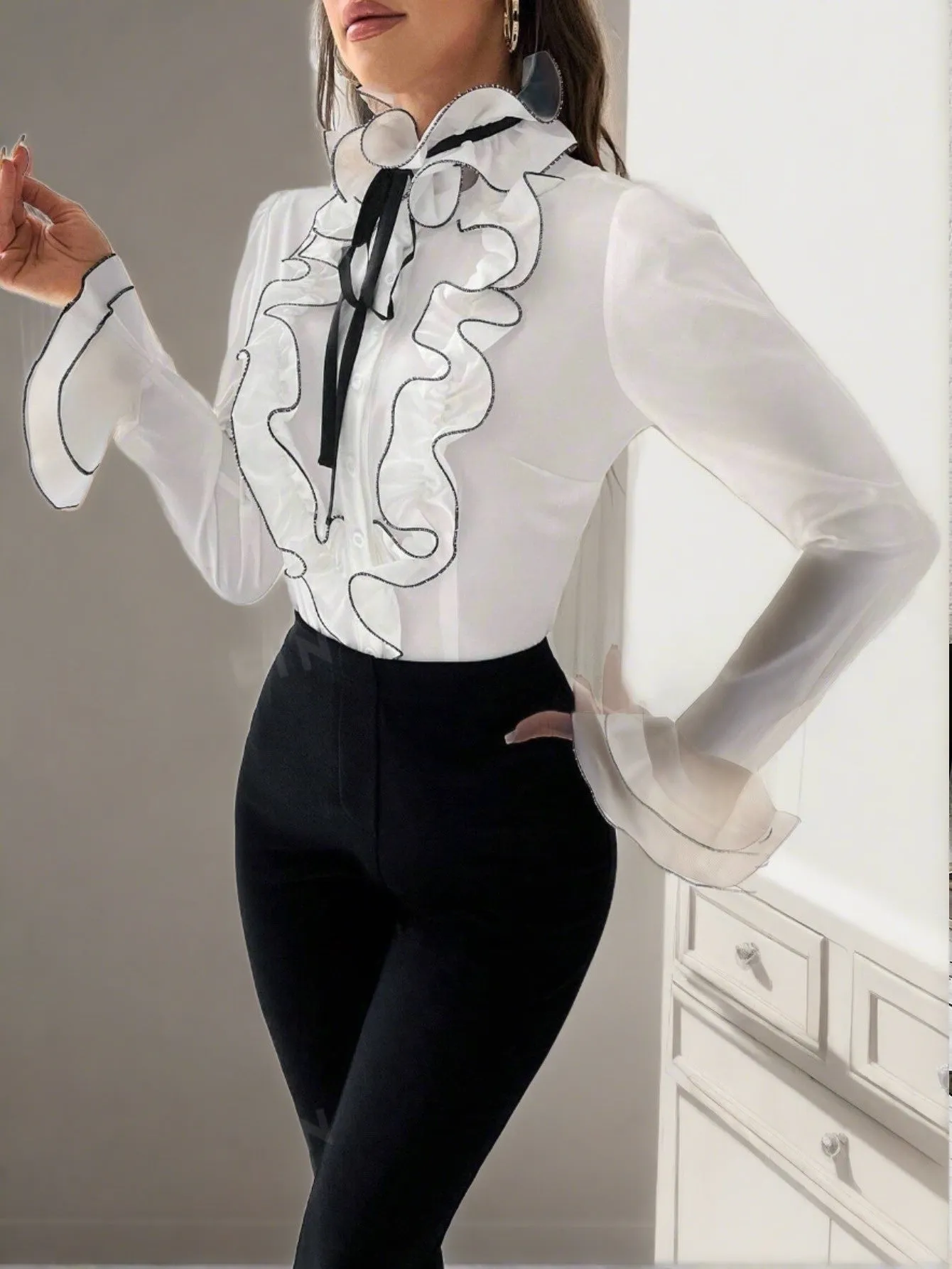 Privé Contrast Ruffle Trim Flounce Sleeve Tie Front Shirt