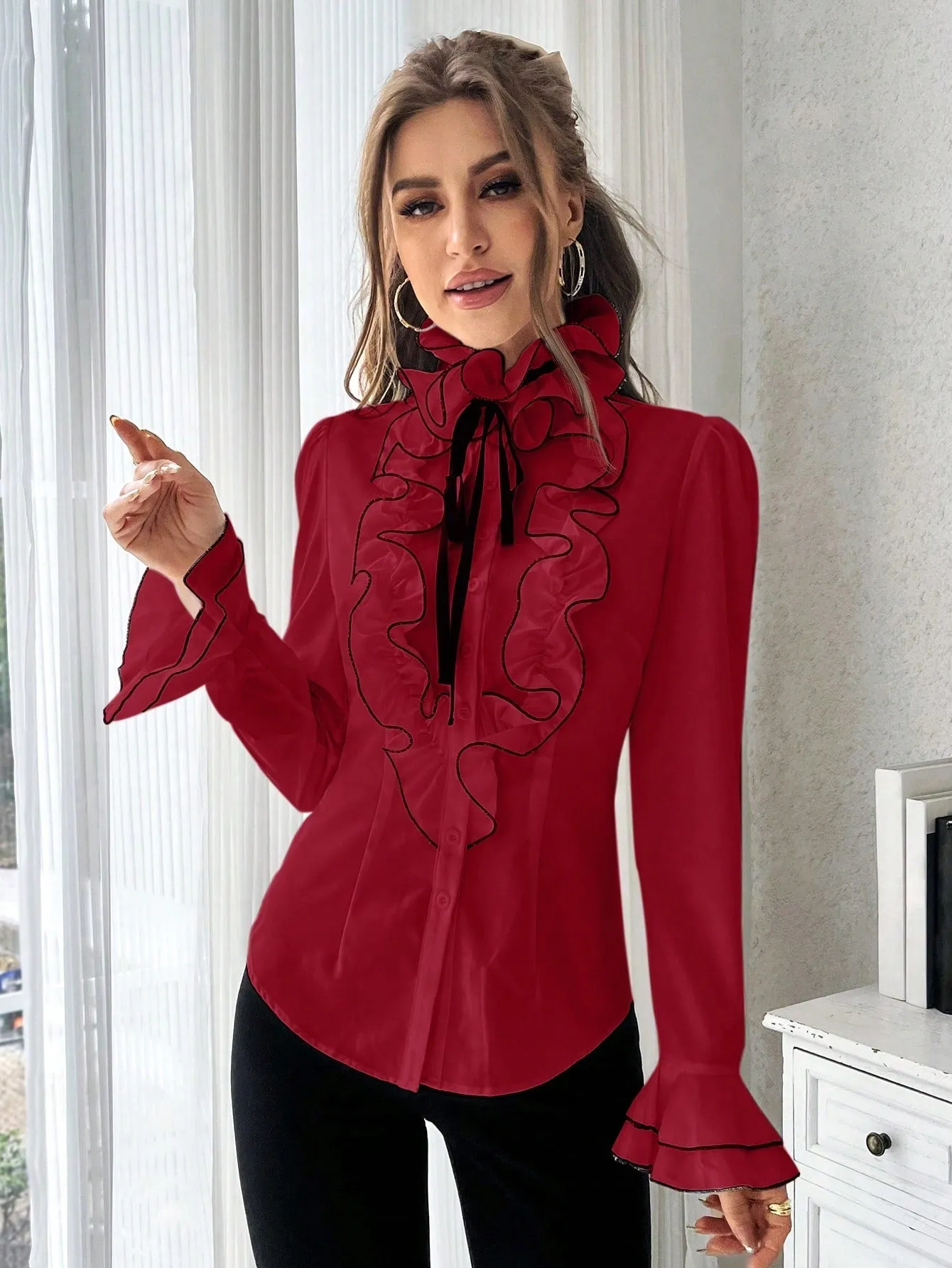Privé Contrast Ruffle Trim Flounce Sleeve Tie Front Shirt
