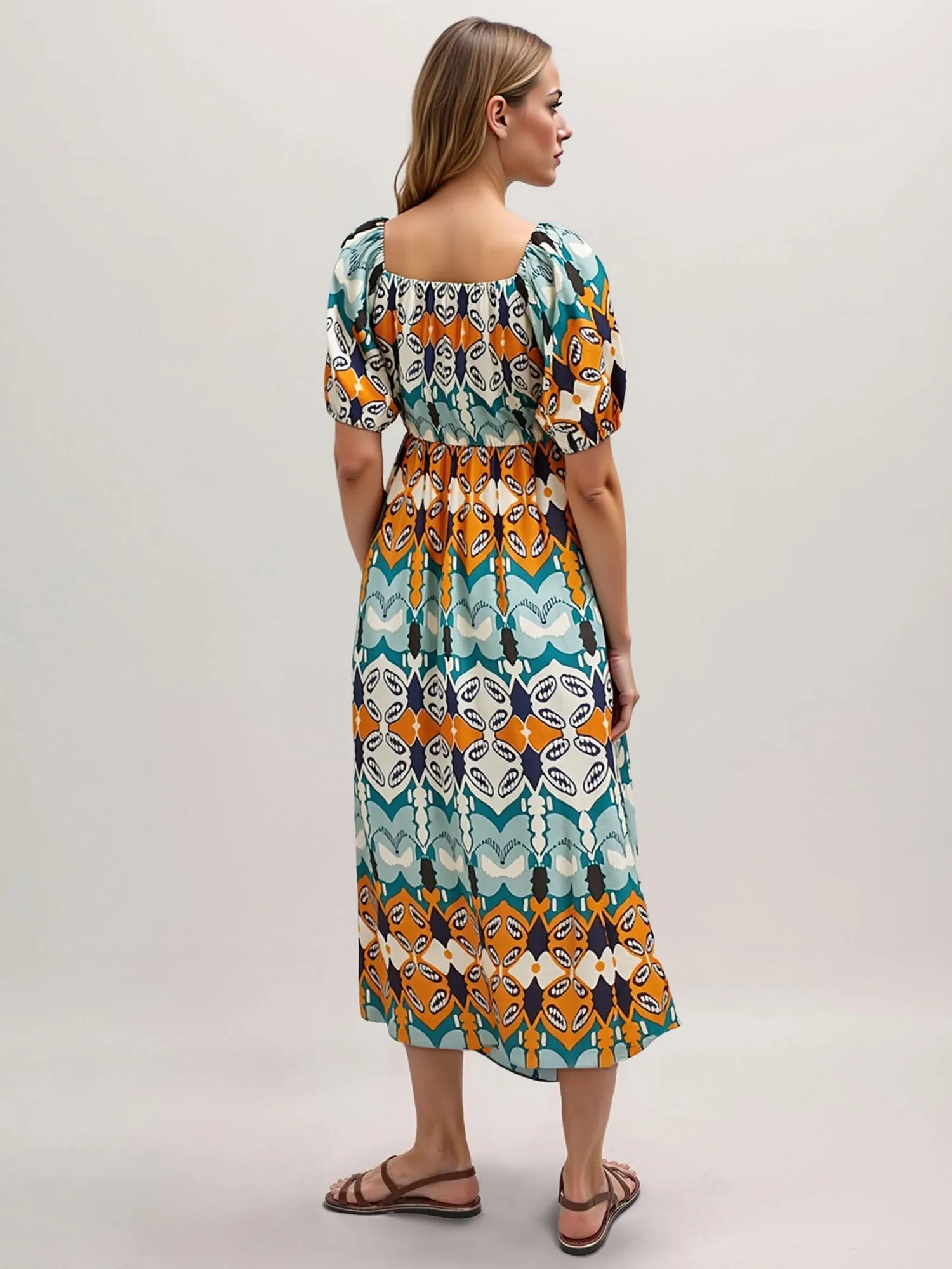 Puff Sleeve Flowy Abstract Print Maxi Sun Dress