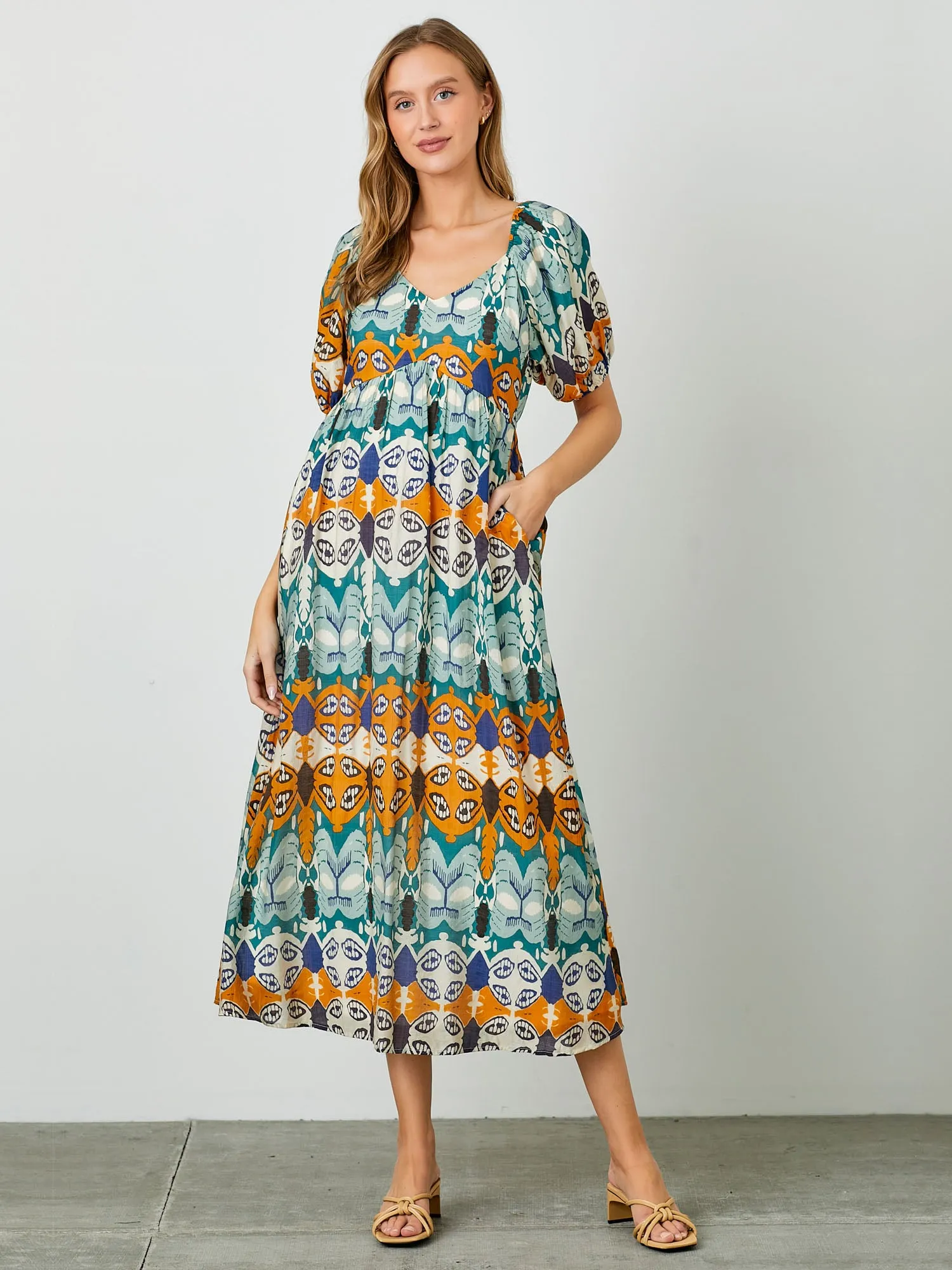 Puff Sleeve Flowy Abstract Print Maxi Sun Dress