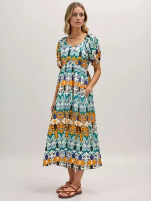 Puff Sleeve Flowy Abstract Print Maxi Sun Dress