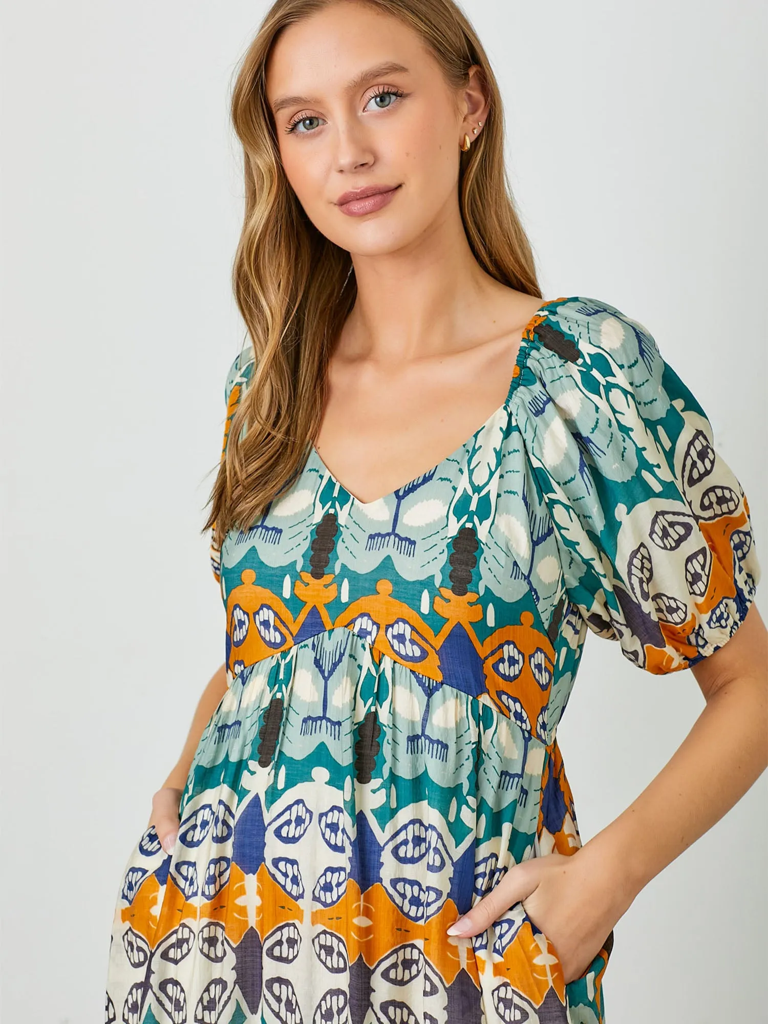 Puff Sleeve Flowy Abstract Print Maxi Sun Dress