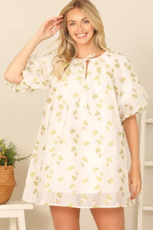 PUFF SLEEVE KEYHOLE TIE NECK PRINTED MINI DRESS