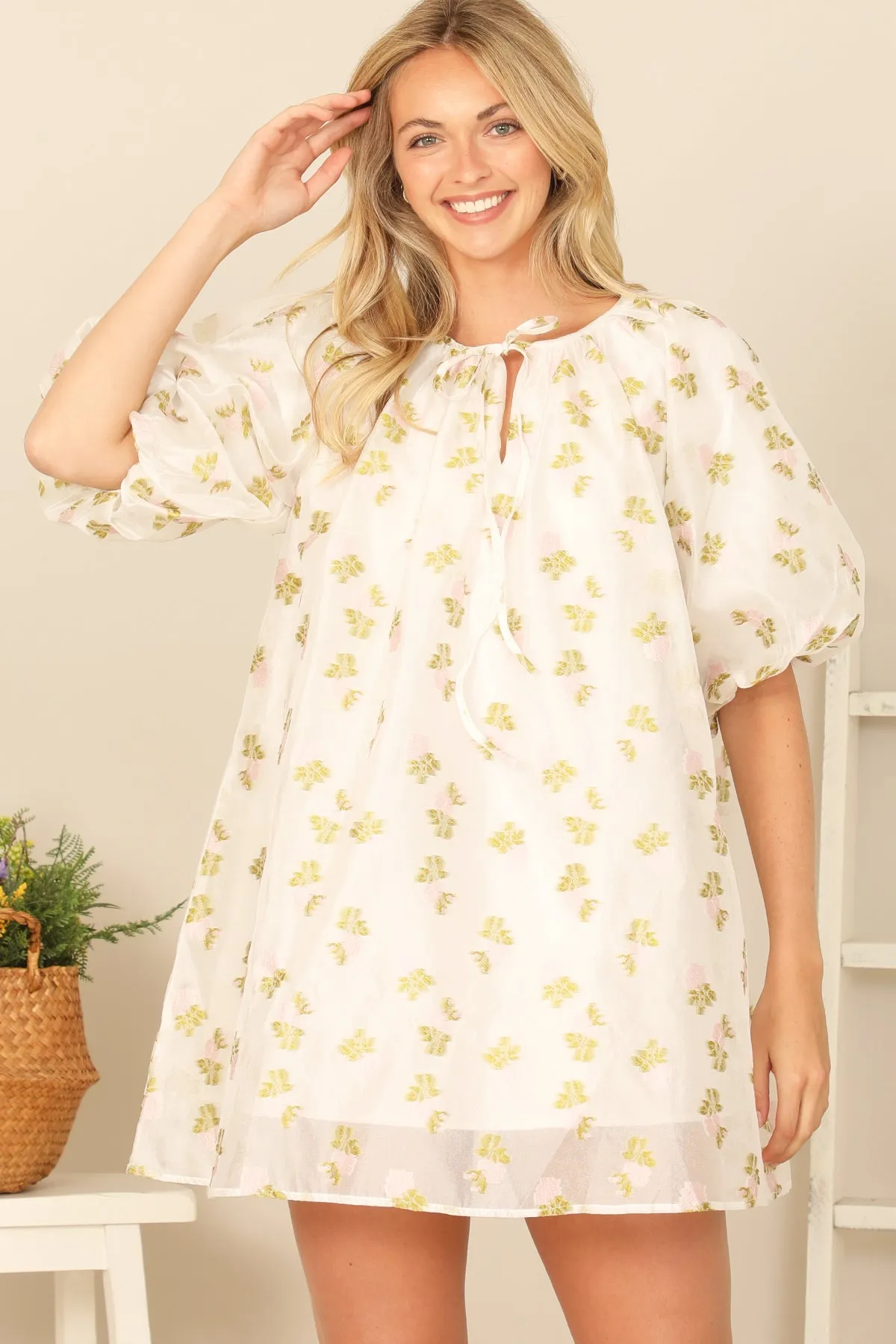 PUFF SLEEVE KEYHOLE TIE NECK PRINTED MINI DRESS