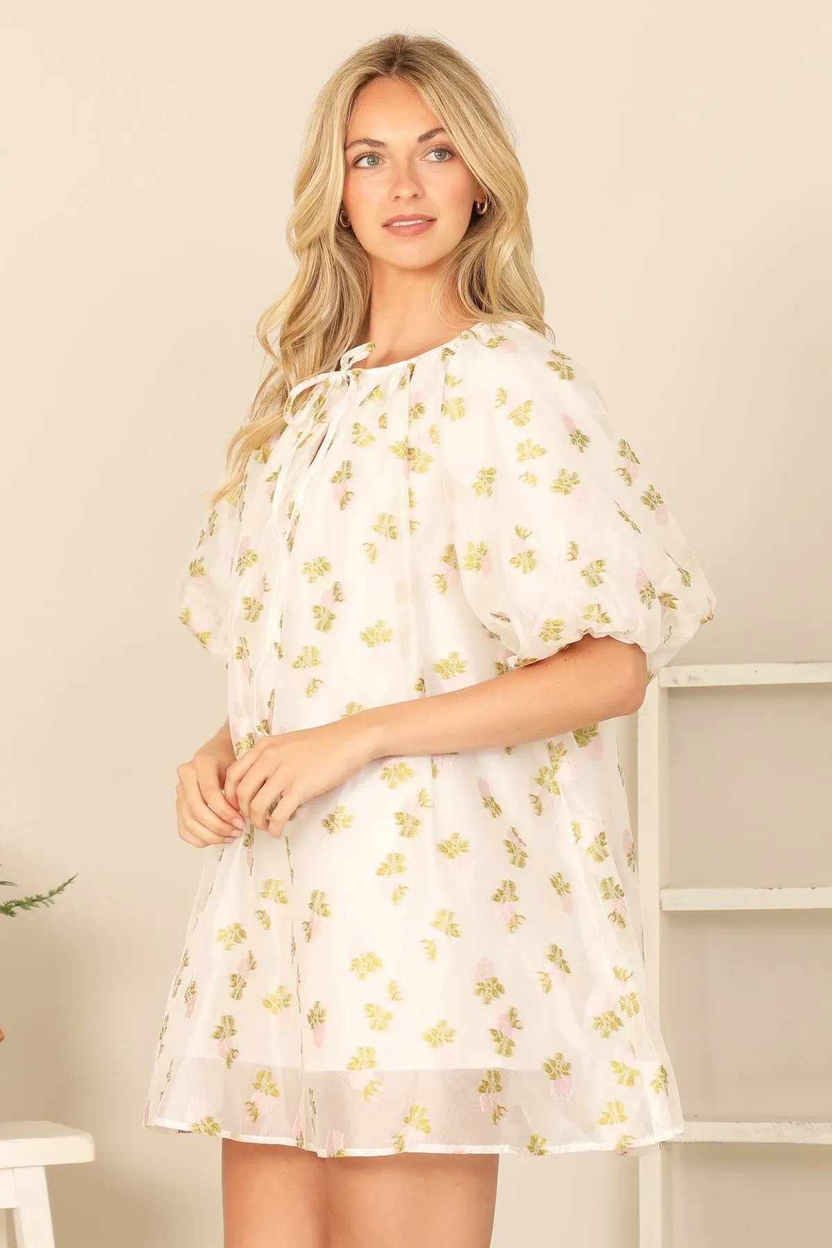 PUFF SLEEVE KEYHOLE TIE NECK PRINTED MINI DRESS