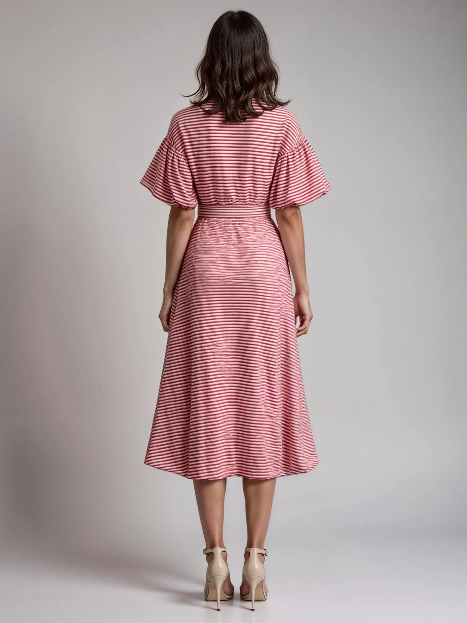 Puff Sleeve Striped Shirt Midi Sun Dress