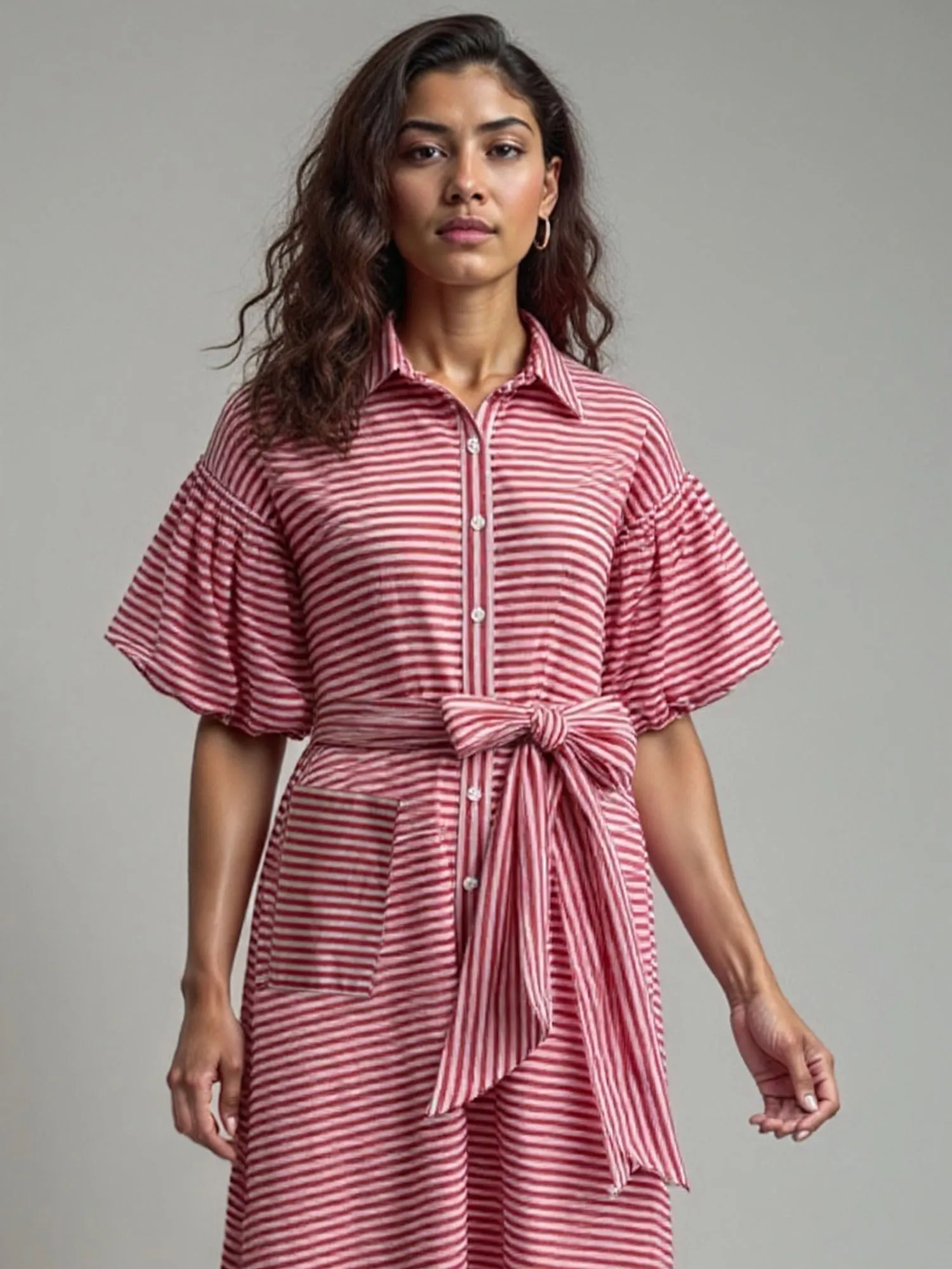 Puff Sleeve Striped Shirt Midi Sun Dress