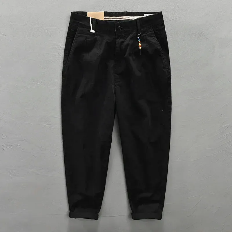 Pure Cotton Men Cargo Pants - Korean Style Casual Loose Belt Mid Waist Trousers