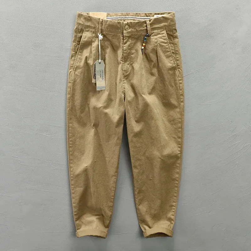 Pure Cotton Men Cargo Pants - Korean Style Casual Loose Belt Mid Waist Trousers