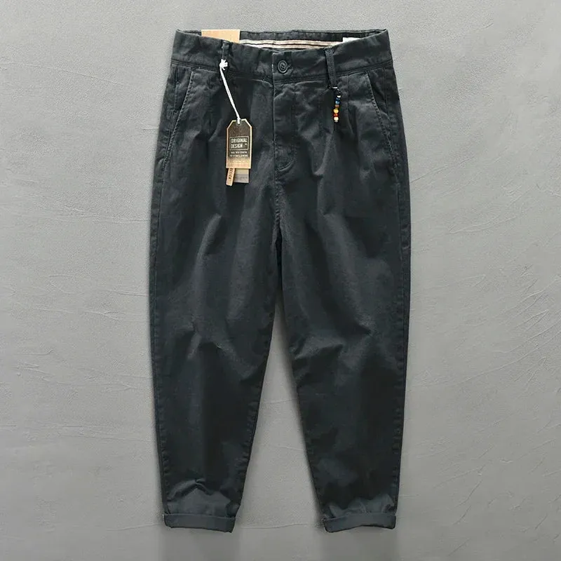 Pure Cotton Men Cargo Pants - Korean Style Casual Loose Belt Mid Waist Trousers