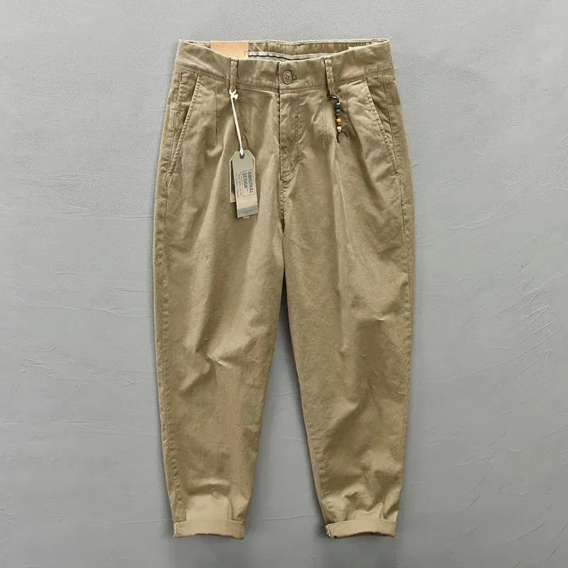 Pure Cotton Men Cargo Pants - Korean Style Casual Loose Belt Mid Waist Trousers