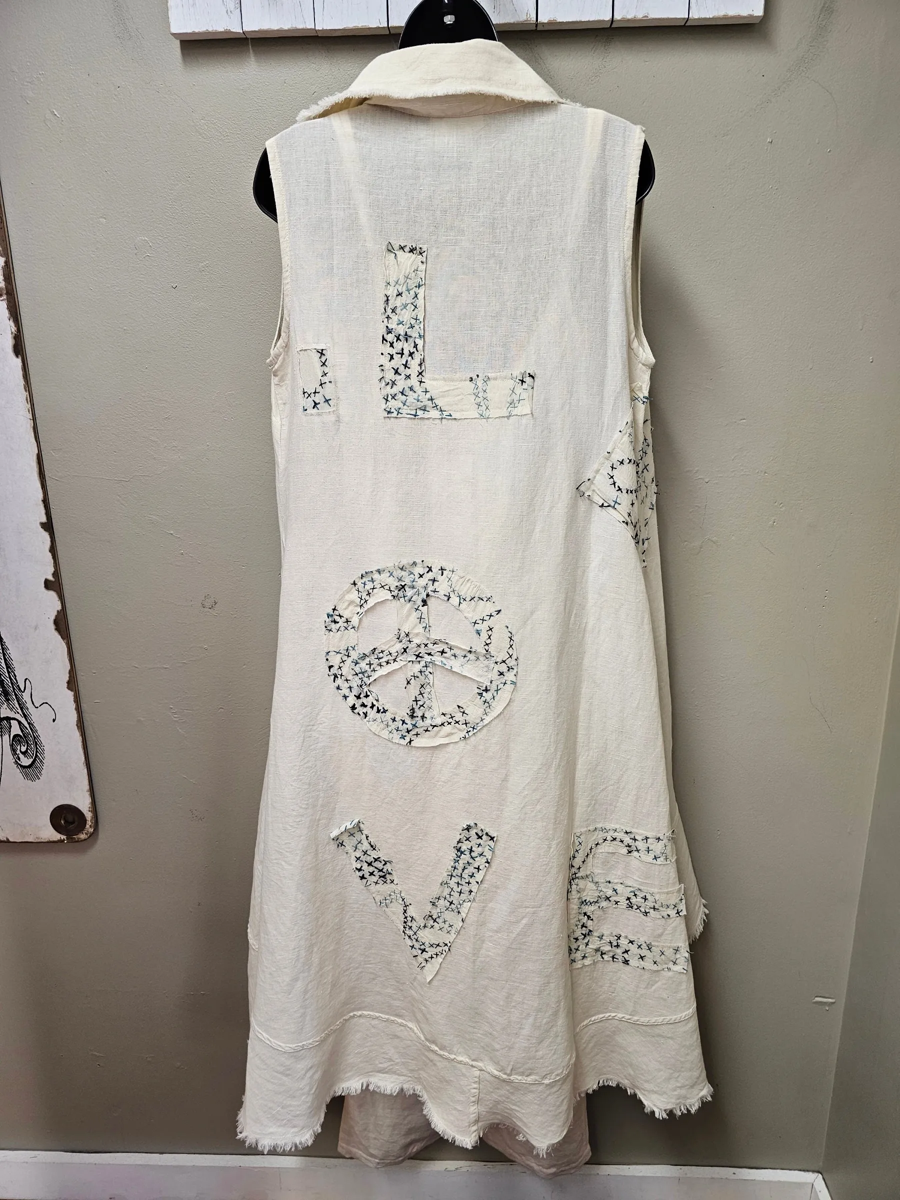 "LOVE" Long Vest with Cotton  Voile Embroidery  Stitched Details