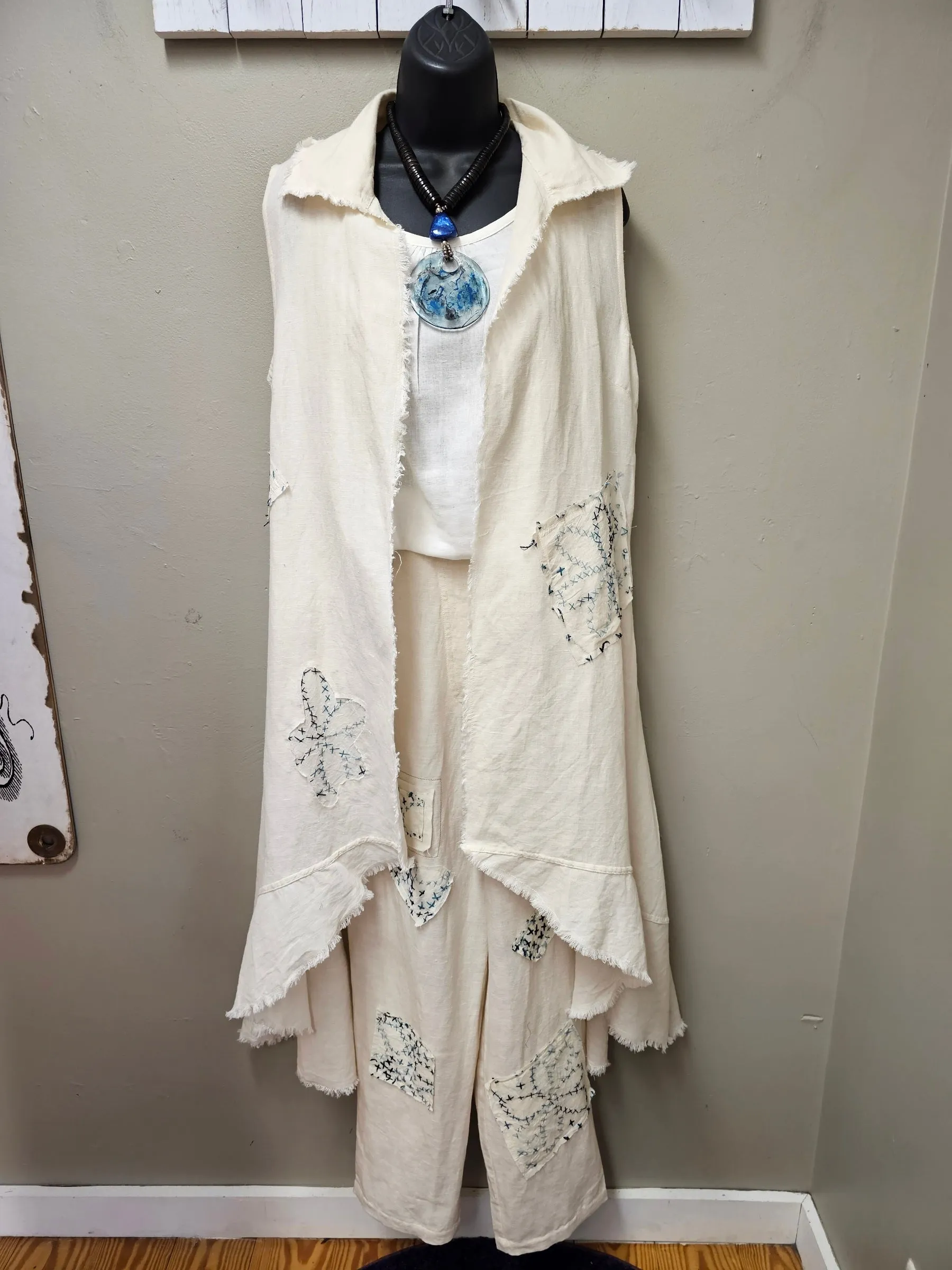 "LOVE" Long Vest with Cotton  Voile Embroidery  Stitched Details