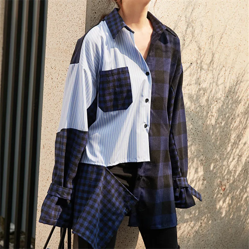 "STRIPED PLAID PATCHWORK" SHIRT N081808