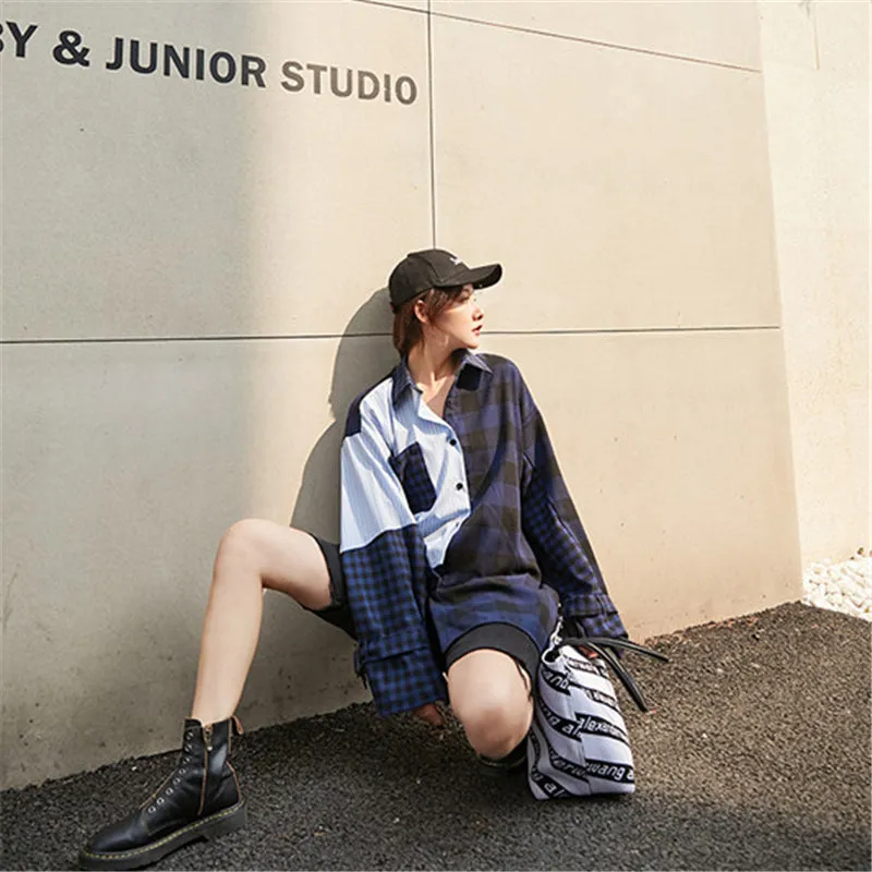 "STRIPED PLAID PATCHWORK" SHIRT N081808