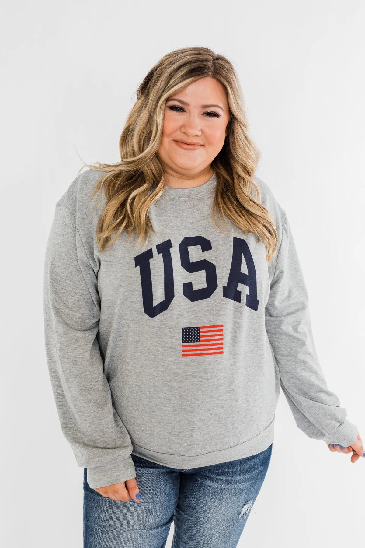 "USA" American Flag Graphic Pullover Top- Grey