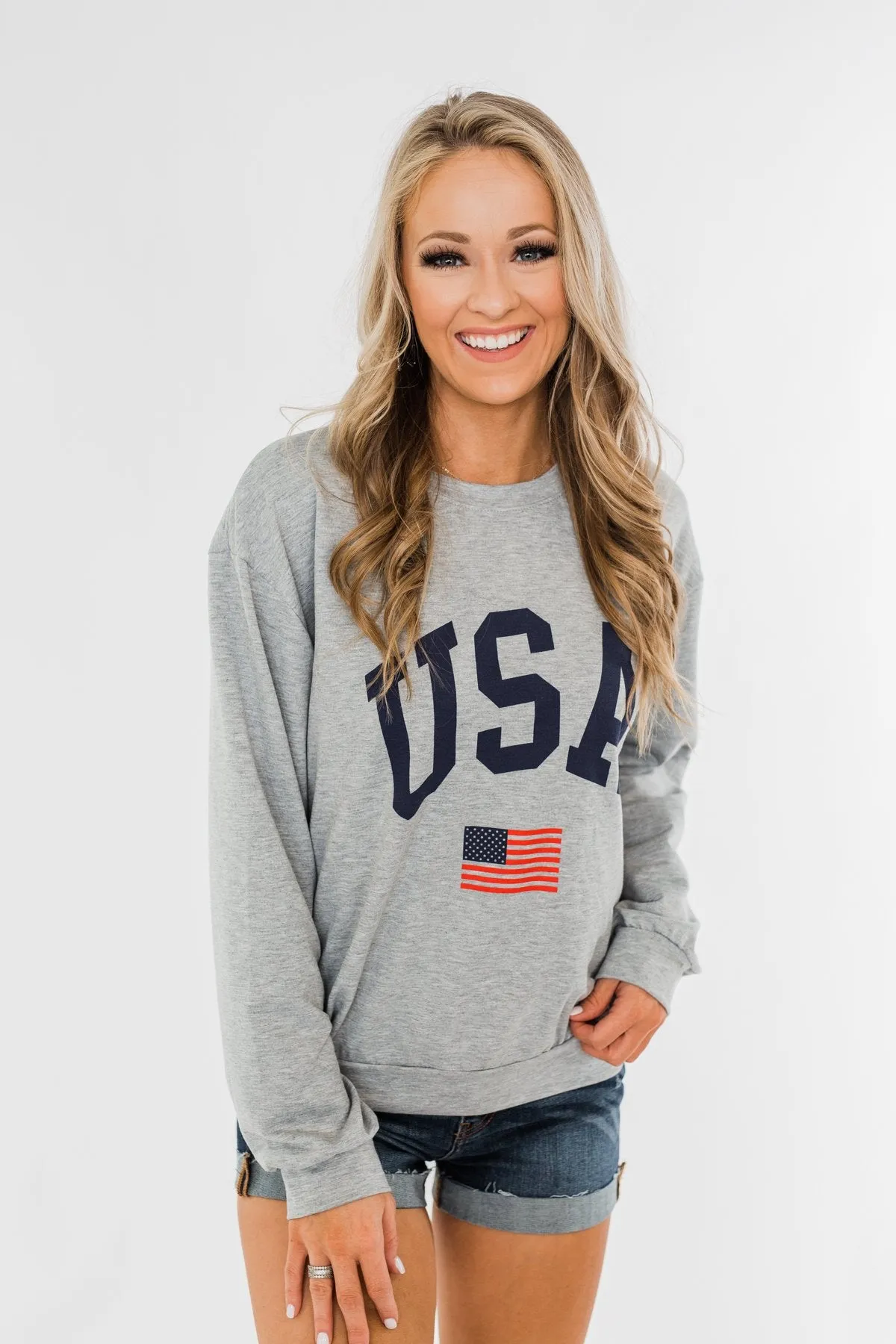 "USA" American Flag Graphic Pullover Top- Grey