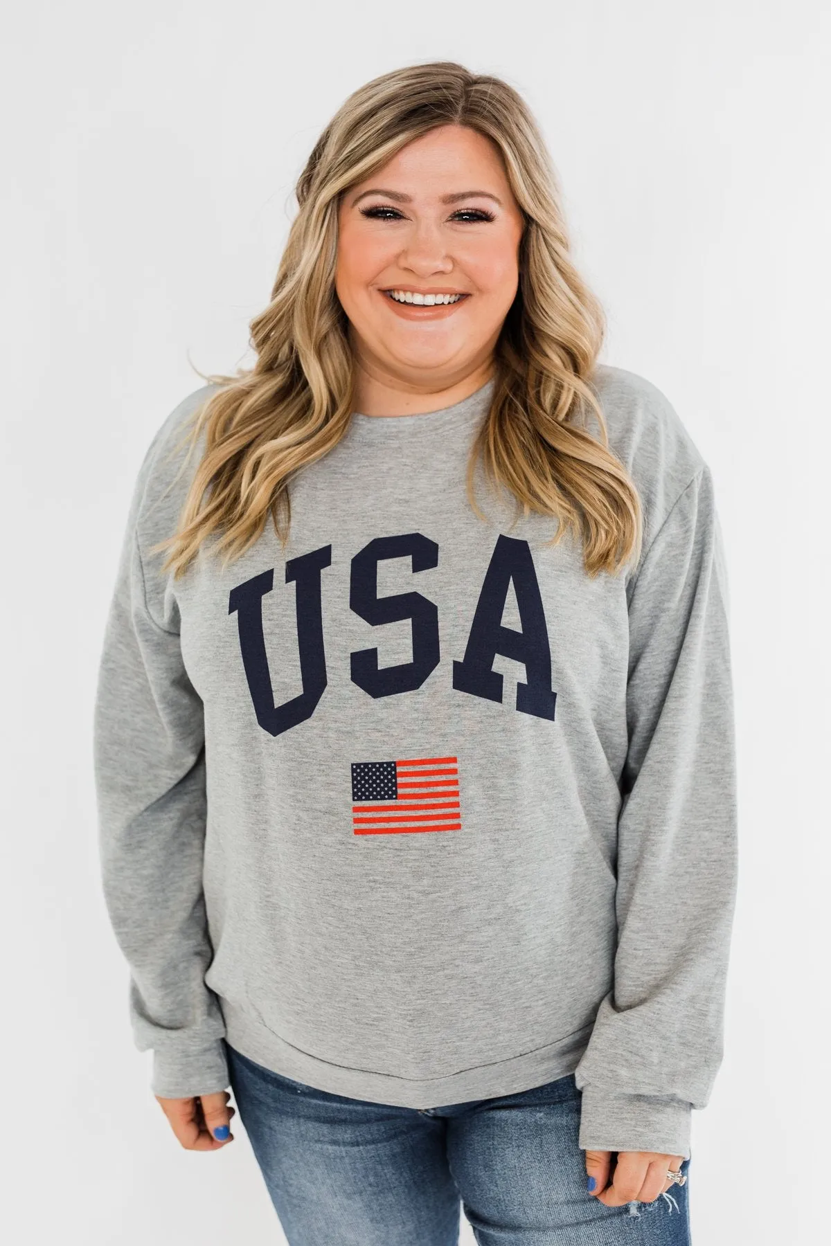 "USA" American Flag Graphic Pullover Top- Grey