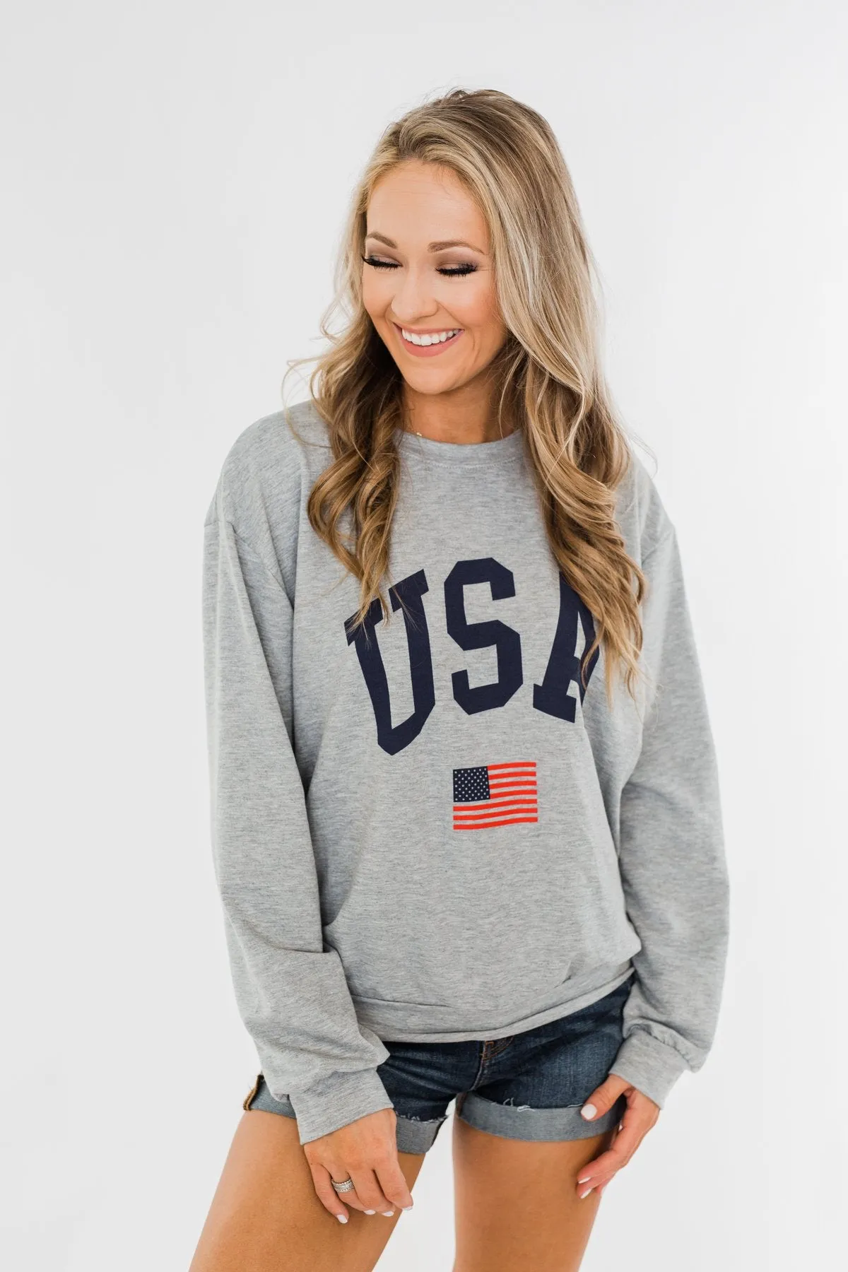"USA" American Flag Graphic Pullover Top- Grey