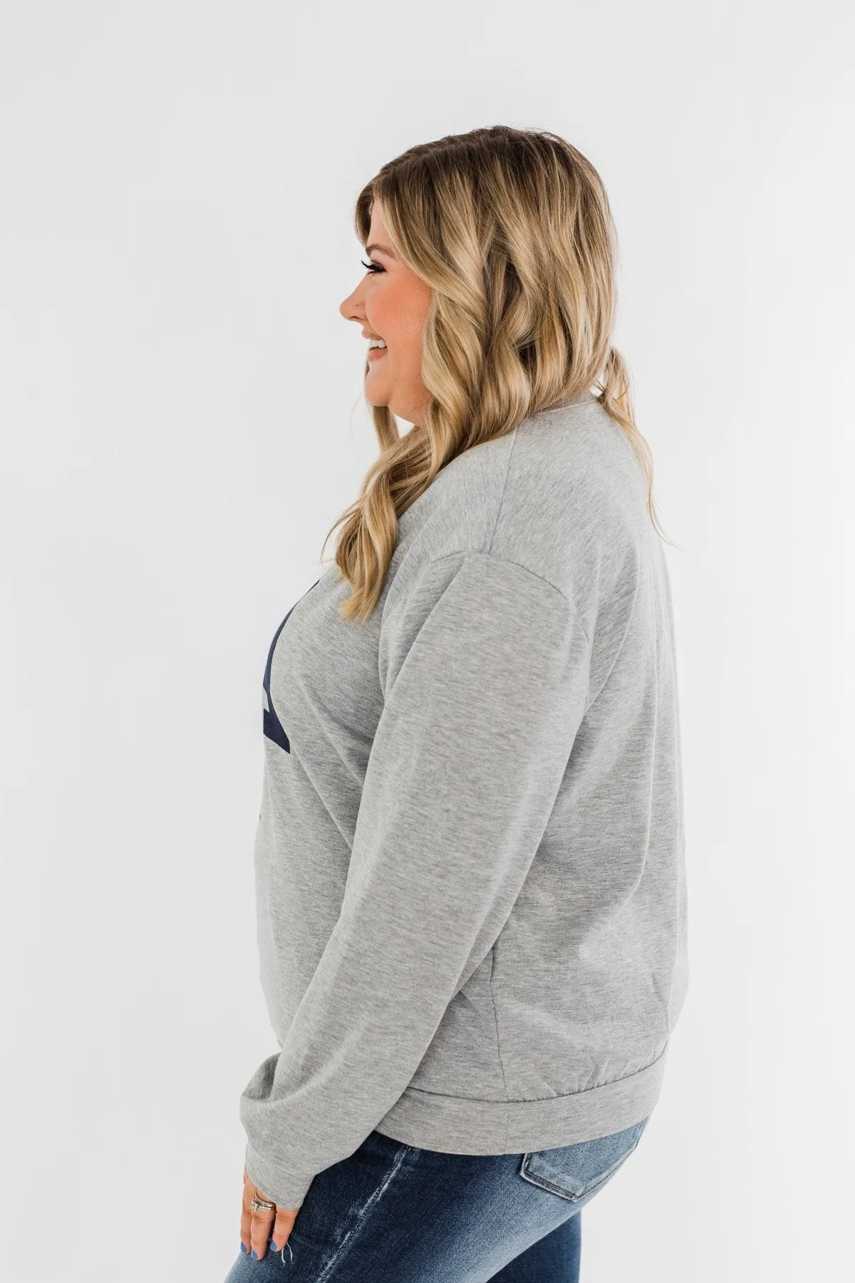 "USA" American Flag Graphic Pullover Top- Grey
