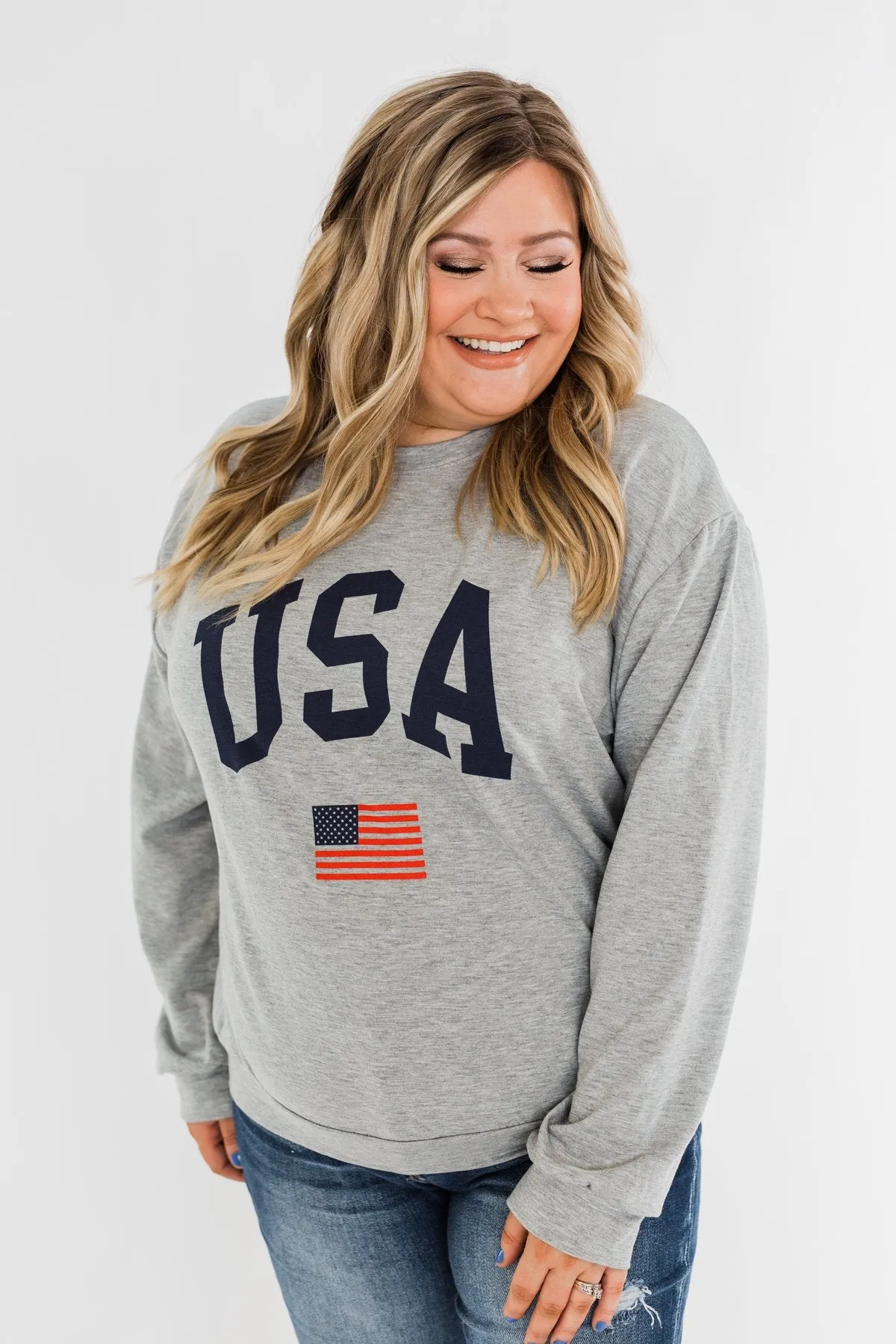 "USA" American Flag Graphic Pullover Top- Grey