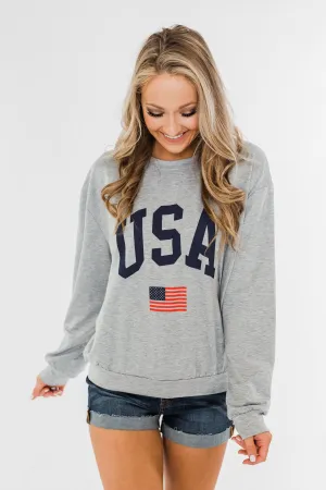 "USA" American Flag Graphic Pullover Top- Grey