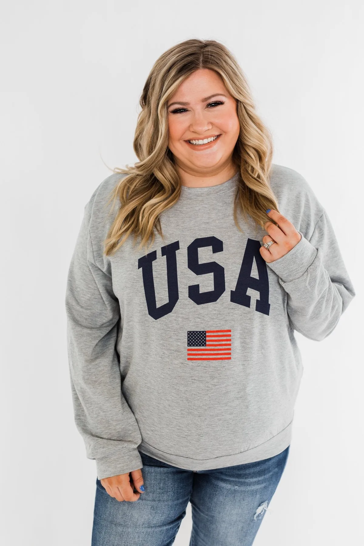 "USA" American Flag Graphic Pullover Top- Grey