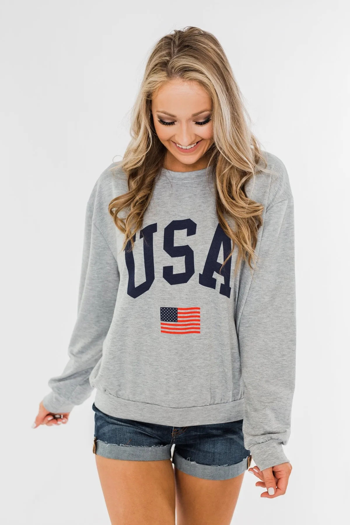 "USA" American Flag Graphic Pullover Top- Grey